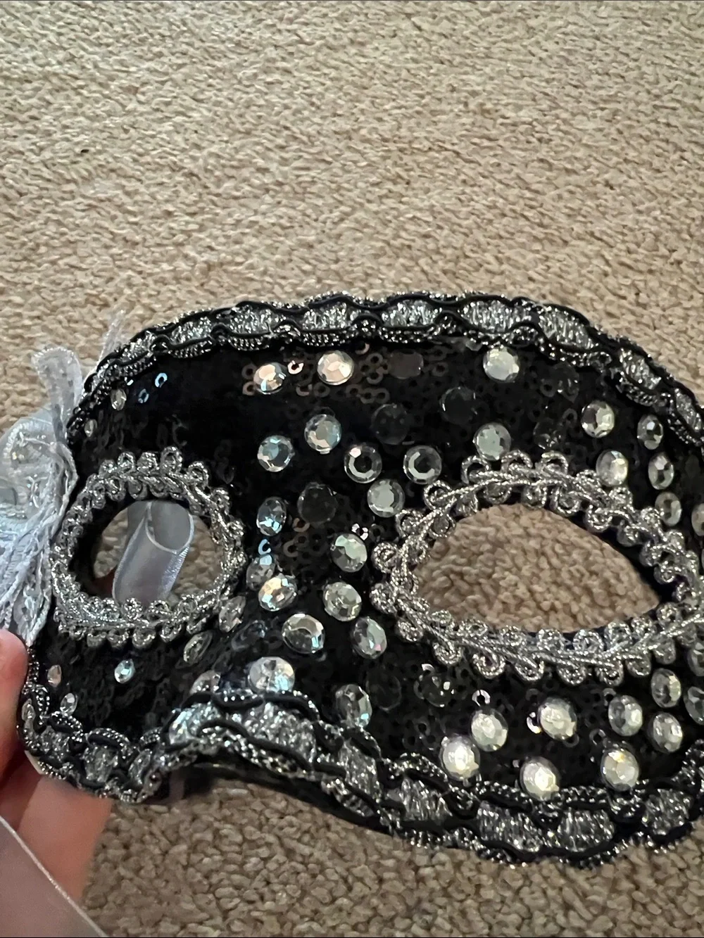 Black and Silver Beaded Masquerade Eye Mask with Ribbon Accent